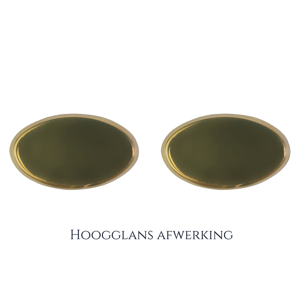 Gouden manchetknopen in ovale vorm. Keuze uit hoogglans, mat of ijsmat afwerking. Handgemaakte manchetknopen van Meijlis.