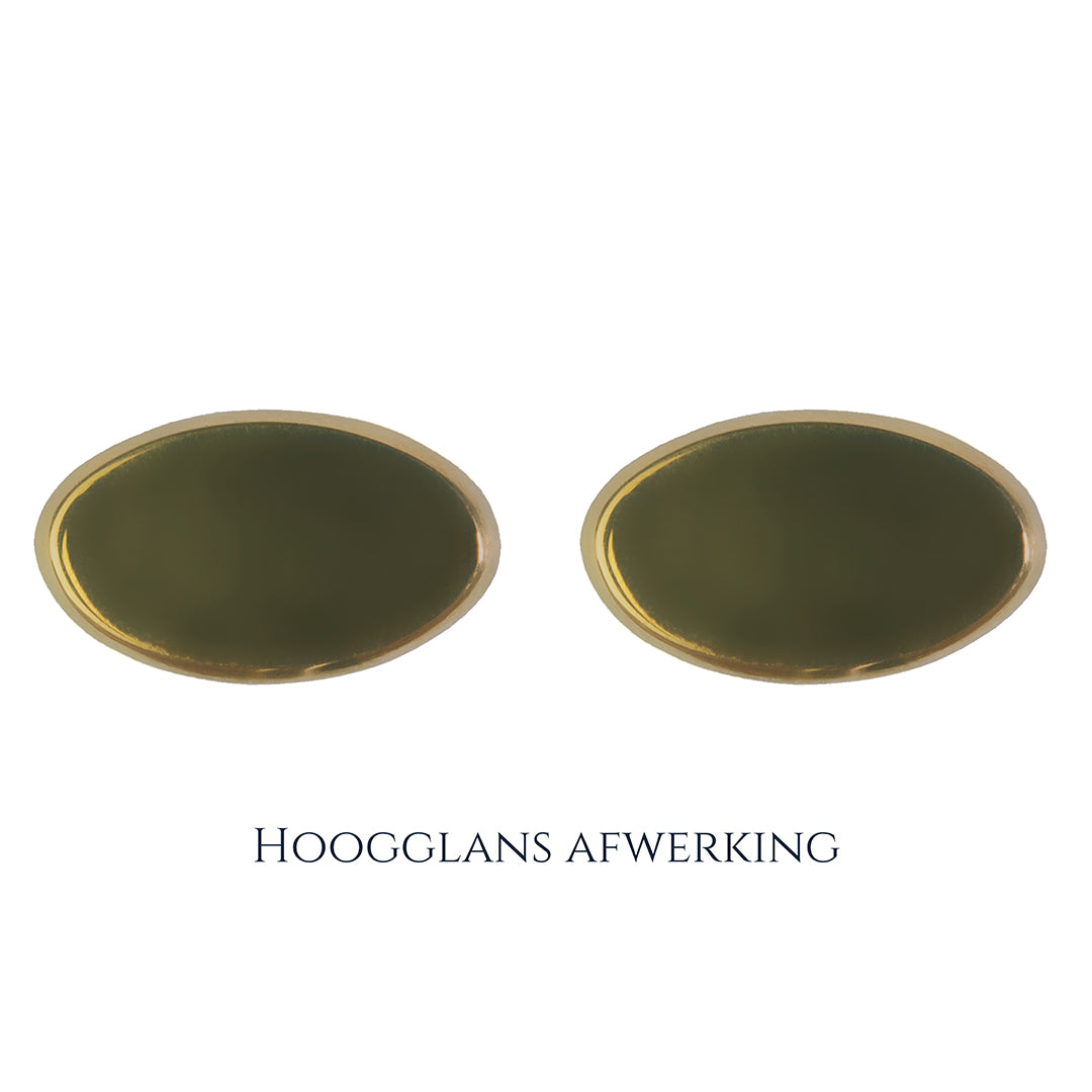Gouden manchetknopen in ovale vorm. Keuze uit hoogglans, mat of ijsmat afwerking. Handgemaakte manchetknopen van Meijlis.