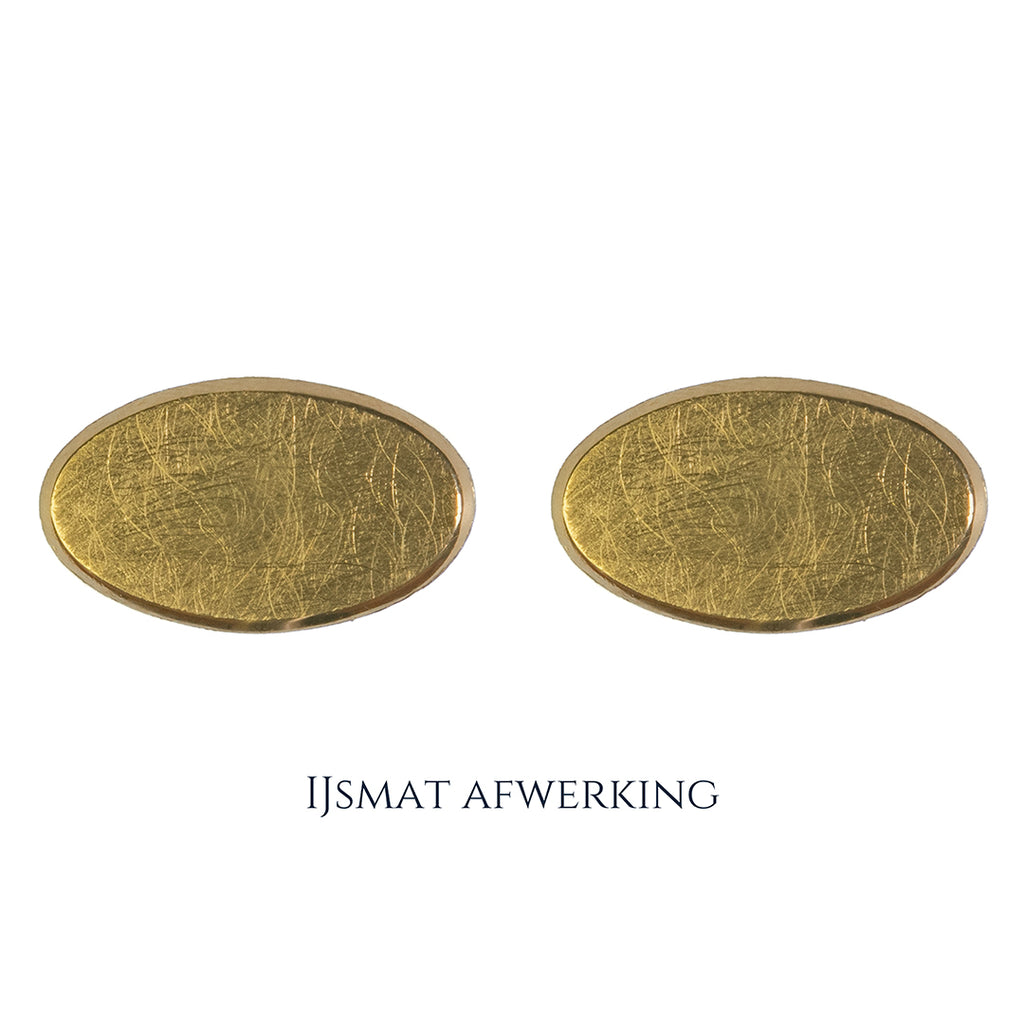 Gouden manchetknopen in ovale vorm. Keuze uit hoogglans, mat of ijsmat afwerking. Handgemaakte manchetknopen van Meijlis.