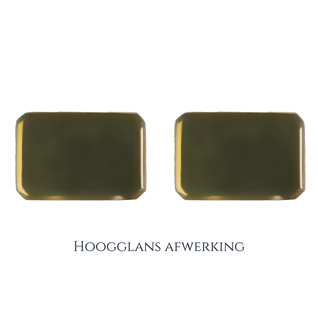 Gouden manchetknopen in rechthoekige vorm. Keuze uit hoogglans, mat of ijsmat afwerking. Handgemaakte manchetknopen van Meijlis.