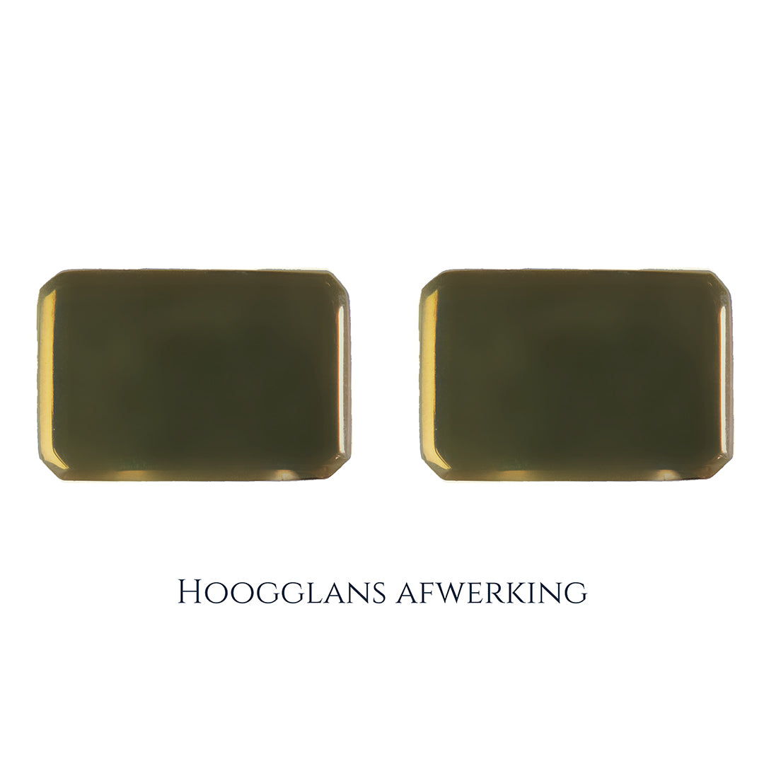 Gouden manchetknopen in rechthoekige vorm. Keuze uit hoogglans, mat of ijsmat afwerking. Handgemaakte manchetknopen van Meijlis.