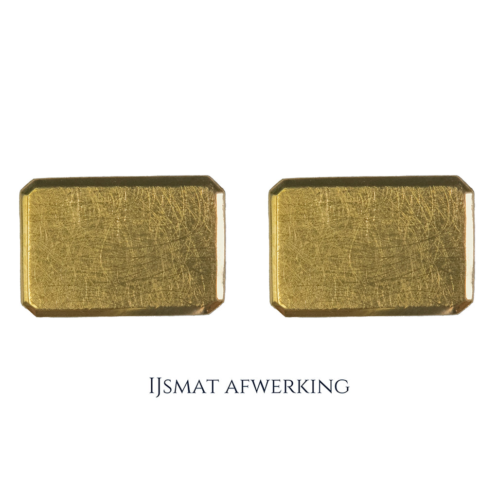 Gouden manchetknopen in rechthoekige vorm. Keuze uit hoogglans, mat of ijsmat afwerking. Handgemaakte manchetknopen van Meijlis.