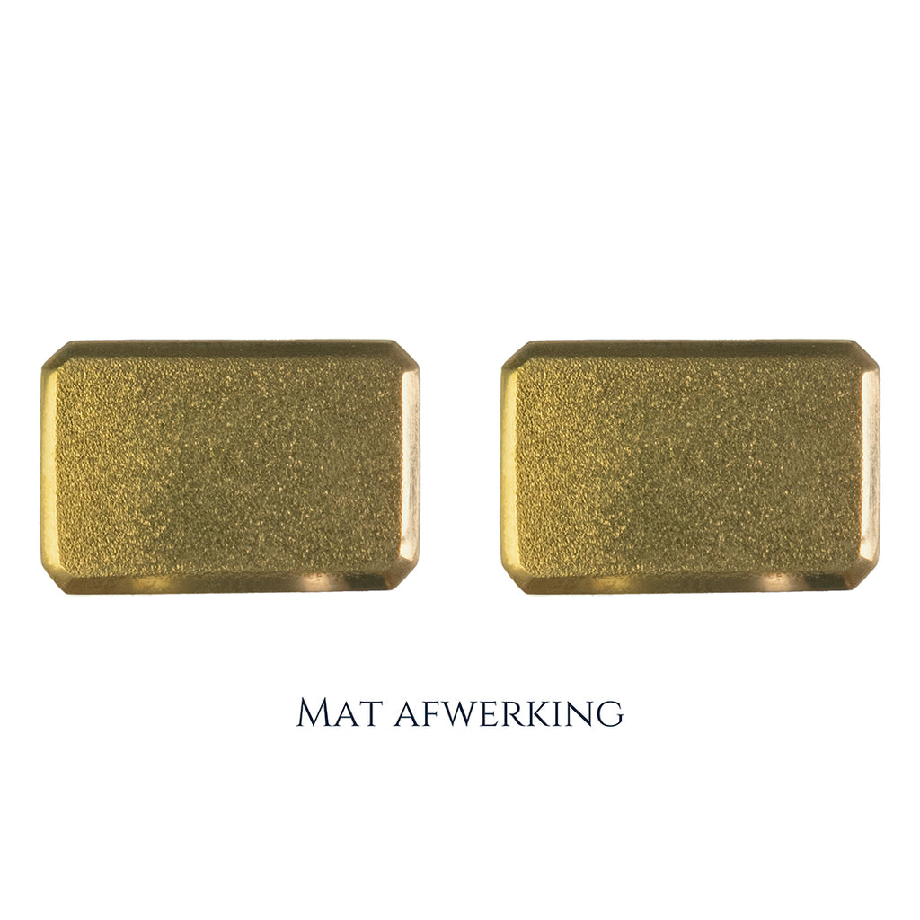 Gouden manchetknopen in rechthoekige vorm. Keuze uit hoogglans, mat of ijsmat afwerking. Handgemaakte manchetknopen van Meijlis.