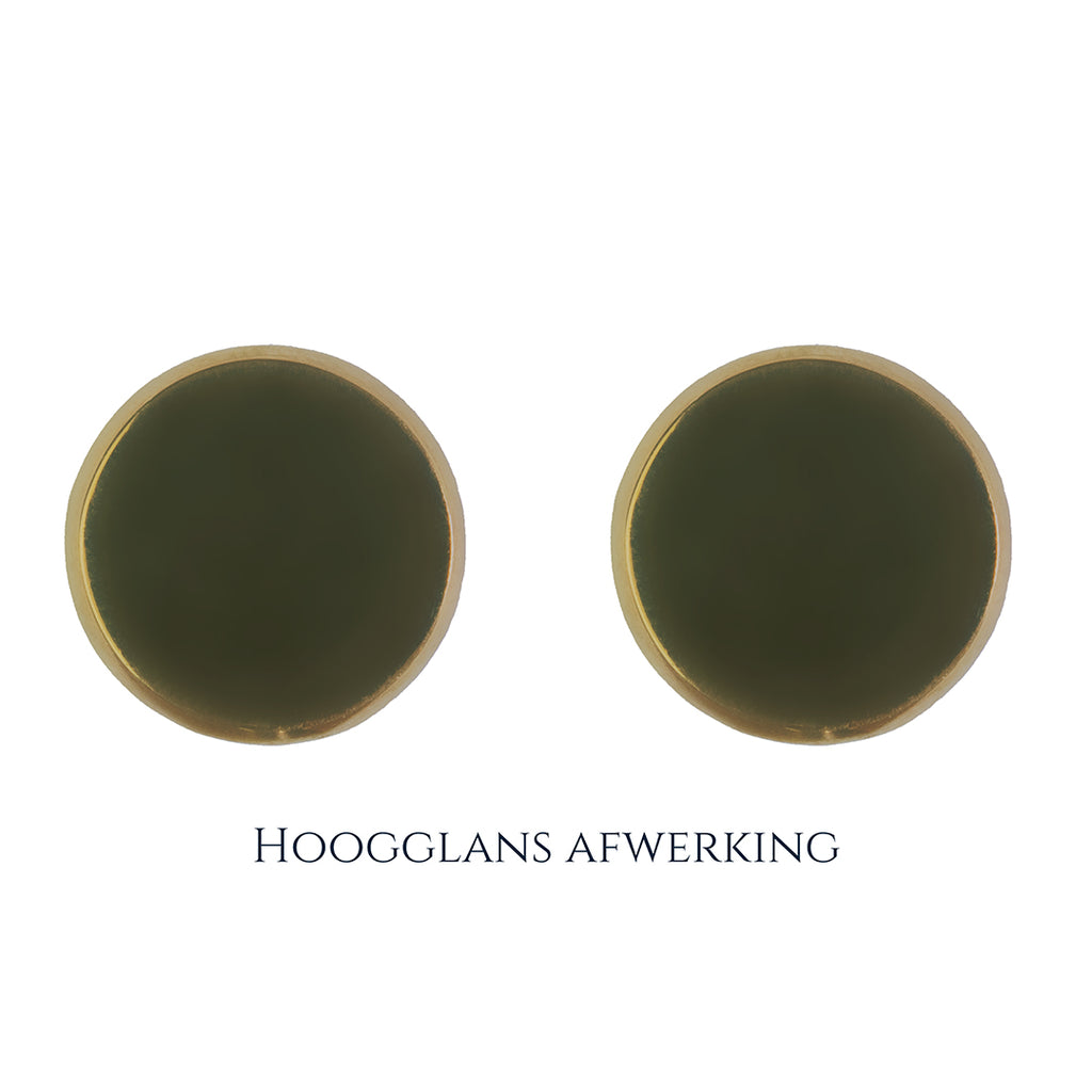 Gouden manchetknopen in ronde vorm. Keuze uit hoogglans, mat of ijsmat afwerking. Handgemaakte manchetknopen van Meijlis