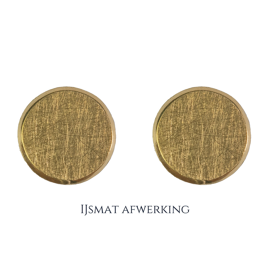 Gouden manchetknopen in ronde vorm. Keuze uit hoogglans, mat of ijsmat afwerking. Handgemaakte manchetknopen van Meijlis