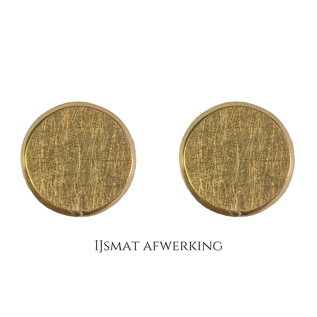 Gouden manchetknopen in ronde vorm. Keuze uit hoogglans, mat of ijsmat afwerking. Handgemaakte manchetknopen van Meijlis