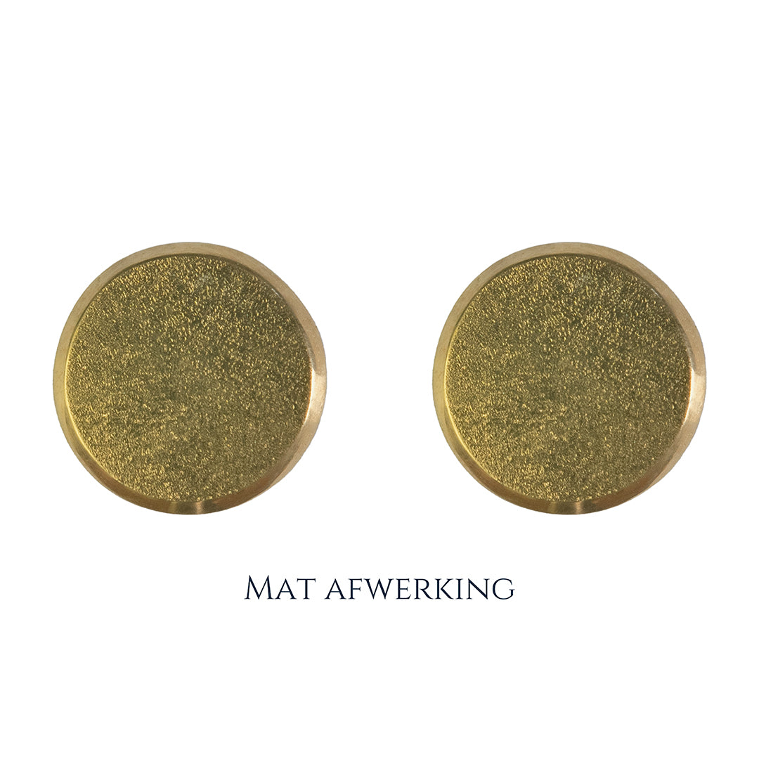 Gouden manchetknopen in ronde vorm. Keuze uit hoogglans, mat of ijsmat afwerking. Handgemaakte manchetknopen van Meijlis
