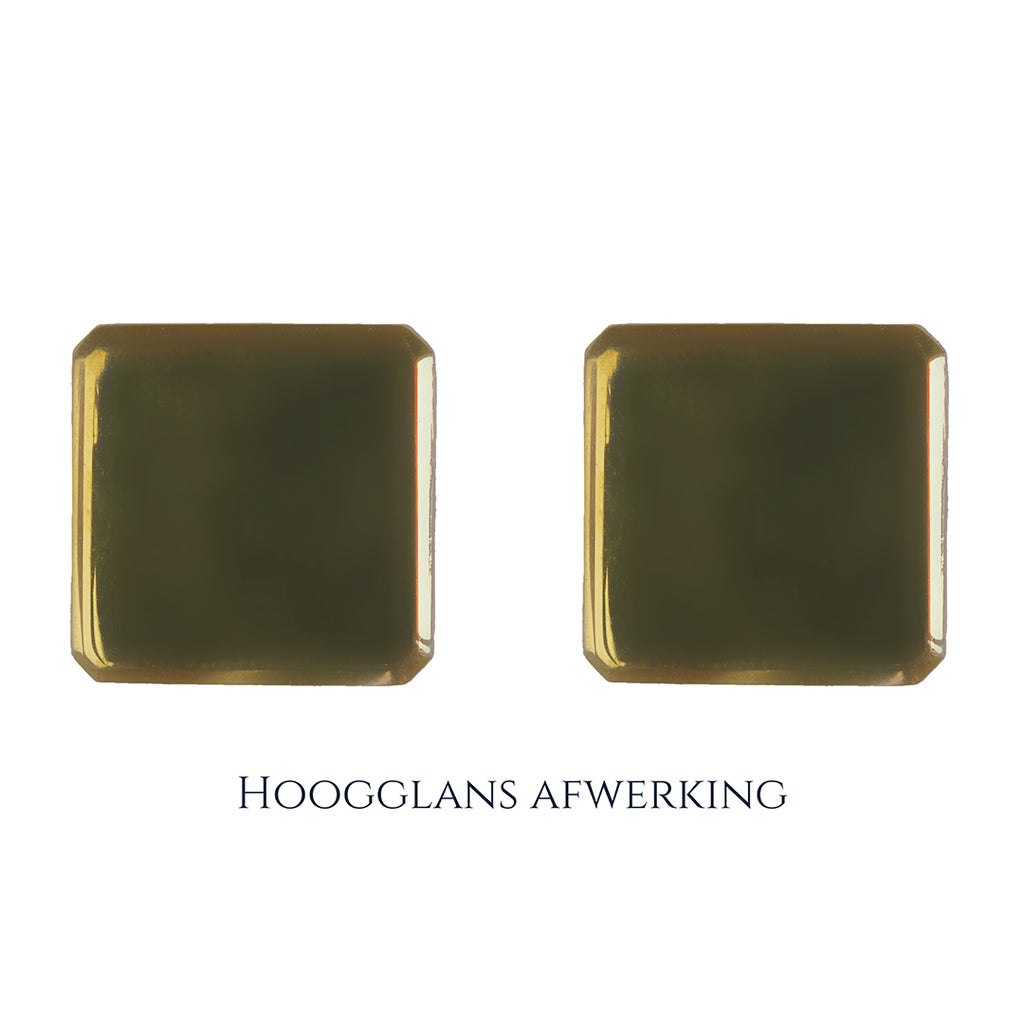 Gouden manchetknopen in vierkante vorm. Keuze uit hoogglans, mat of ijsmat afwerking. Handgemaakte manchetknopen van Meijlis