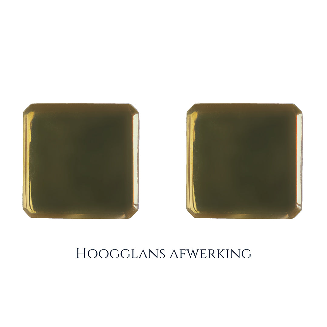 Gouden manchetknopen in vierkante vorm. Keuze uit hoogglans, mat of ijsmat afwerking. Handgemaakte manchetknopen van Meijlis