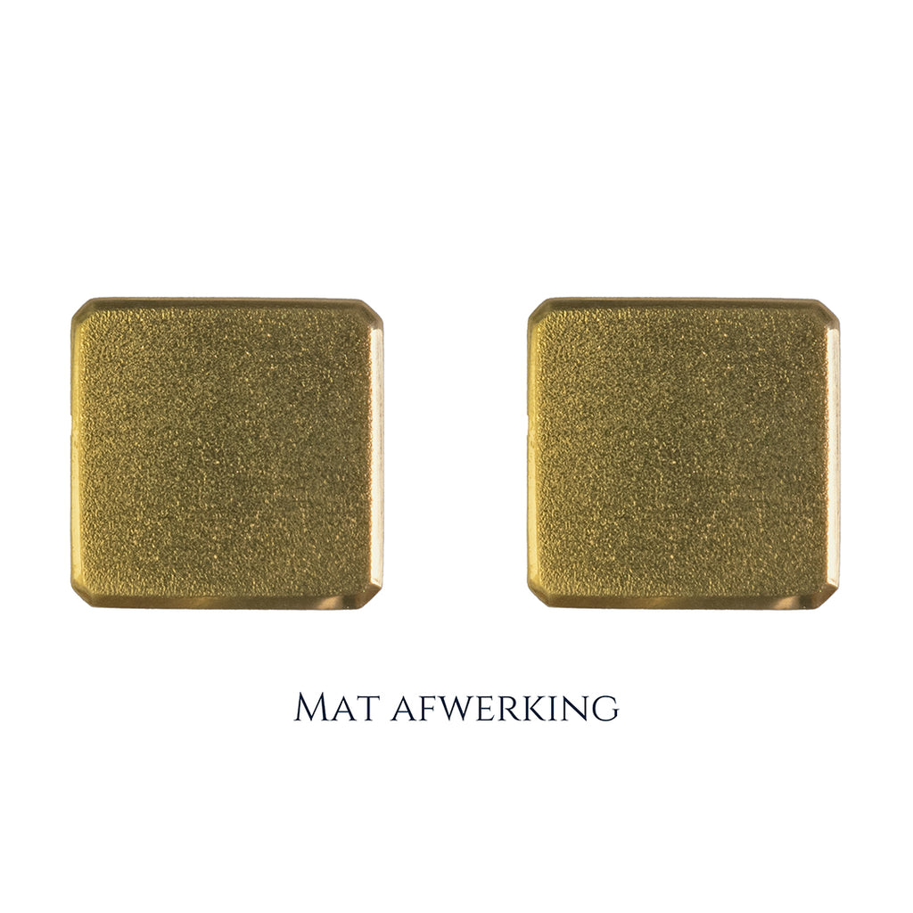Gouden manchetknopen in vierkante vorm. Keuze uit hoogglans, mat of ijsmat afwerking. Handgemaakte manchetknopen van Meijlis