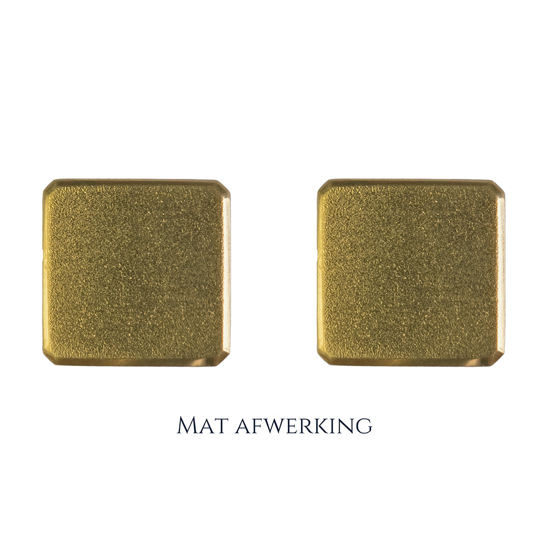 Gouden manchetknopen in vierkante vorm. Keuze uit hoogglans, mat of ijsmat afwerking. Handgemaakte manchetknopen van Meijlis