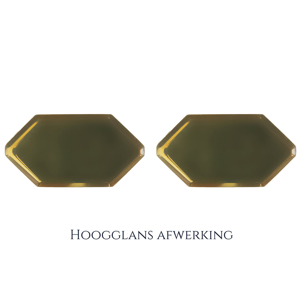 Gouden manchetknopen in zeshoekige vorm. Keuze uit hoogglans, mat of ijsmat afwerking. Handgemaakte manchetknopen van Meijlis