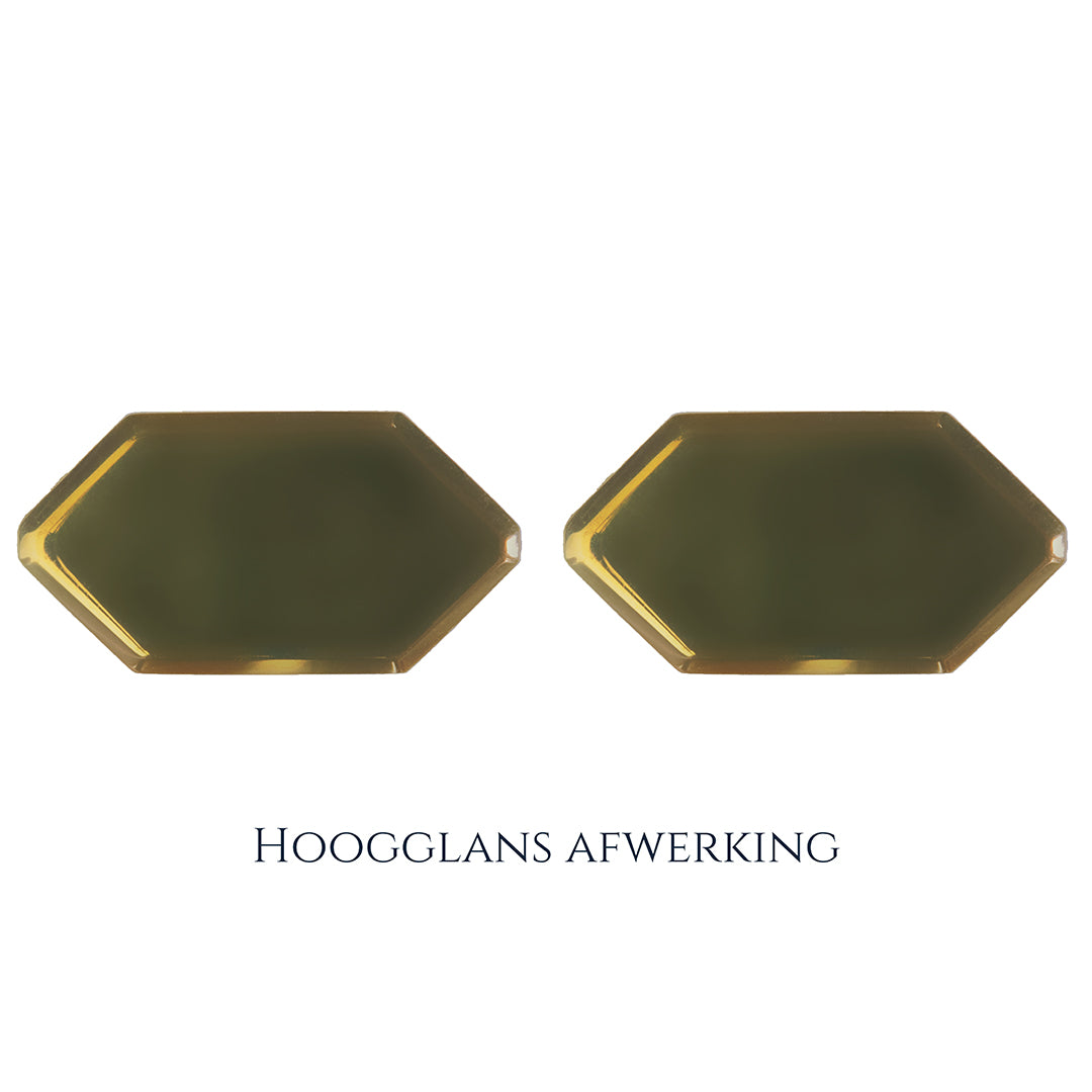 Gouden manchetknopen in zeshoekige vorm. Keuze uit hoogglans, mat of ijsmat afwerking. Handgemaakte manchetknopen van Meijlis