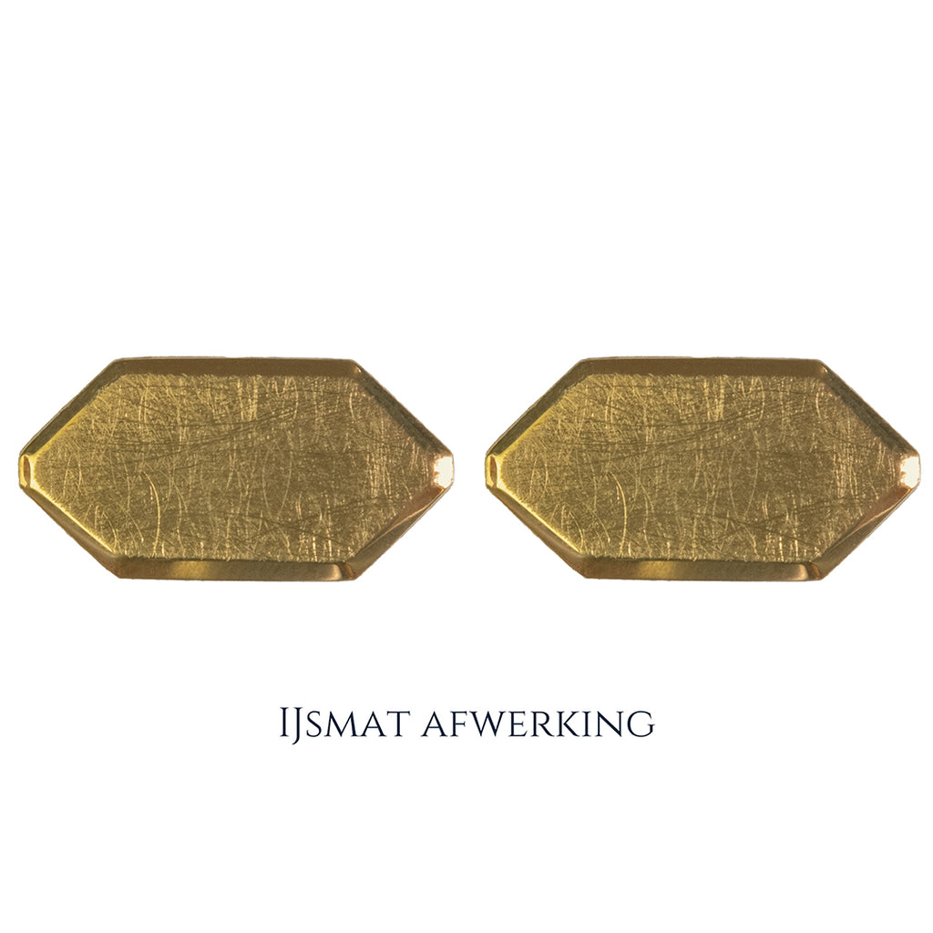Gouden manchetknopen in zeshoekige vorm. Keuze uit hoogglans, mat of ijsmat afwerking. Handgemaakte manchetknopen van Meijlis