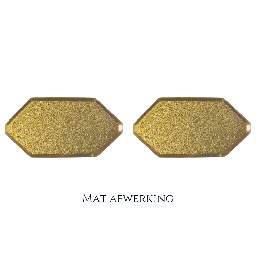 Gouden manchetknopen in zeshoekige vorm. Keuze uit hoogglans, mat of ijsmat afwerking. Handgemaakte manchetknopen van Meijlis