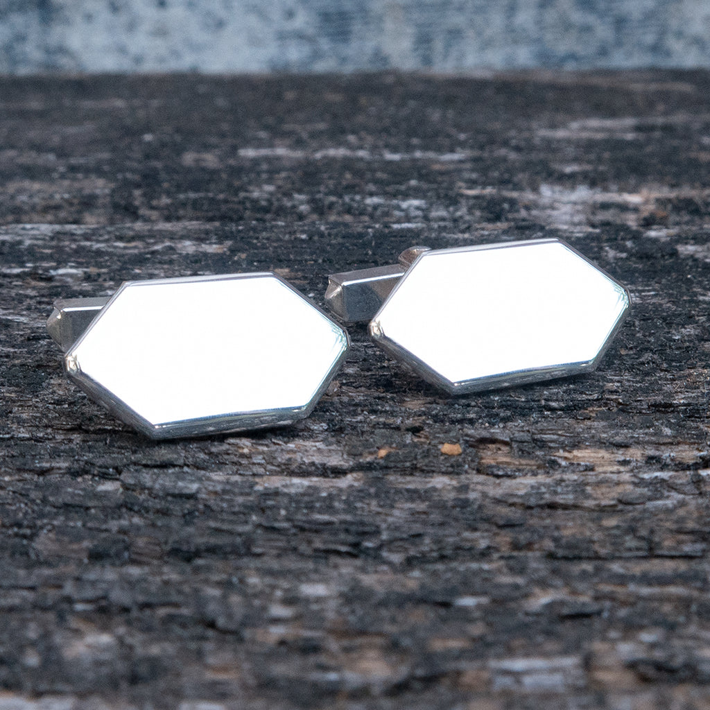 925 Zilveren manchetknopen in zeshoekige vorm. Keuze uit hoogglans, mat of ijsmat afwerking. Handgemaakte manchetknopen van Meijlis.