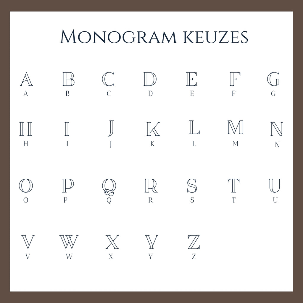 Monogram voor de gravure keuze. Maak uw keuze aan de hand van deze afbeelding en geef uw keuze aan in de bestel opties.