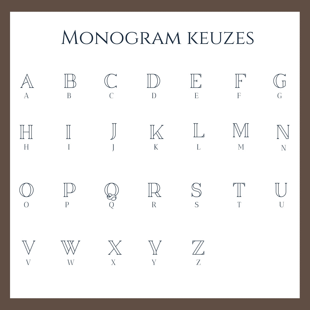 Monogram voor de gravure keuze. Maak uw keuze aan de hand van deze afbeelding en geef uw keuze aan in de bestel opties.