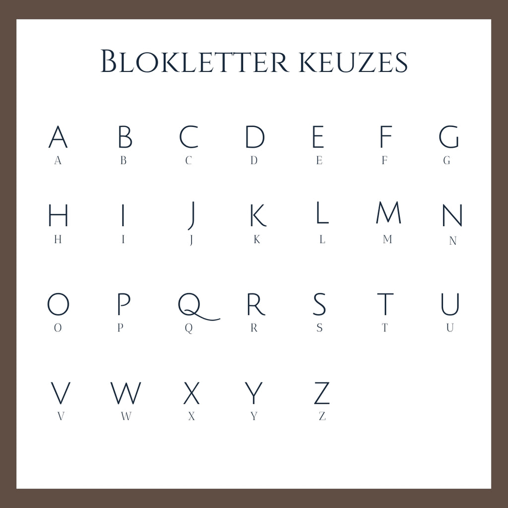 De blokletters voor de gravure keuze. Maak uw keuze aan de hand van deze afbeelding en geef uw keuze aan in de bestel opties.