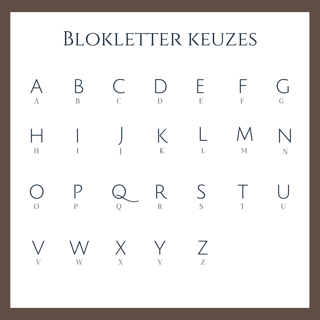 De blokletters voor de gravure keuze. Maak uw keuze aan de hand van deze afbeelding en geef uw keuze aan in de bestel opties.