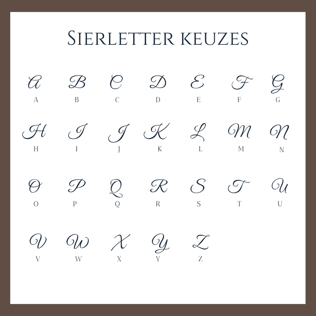 De sierletters voor de gravure keuze. Maak uw keuze aan de hand van deze afbeelding en geef uw keuze aan in de bestel opties.