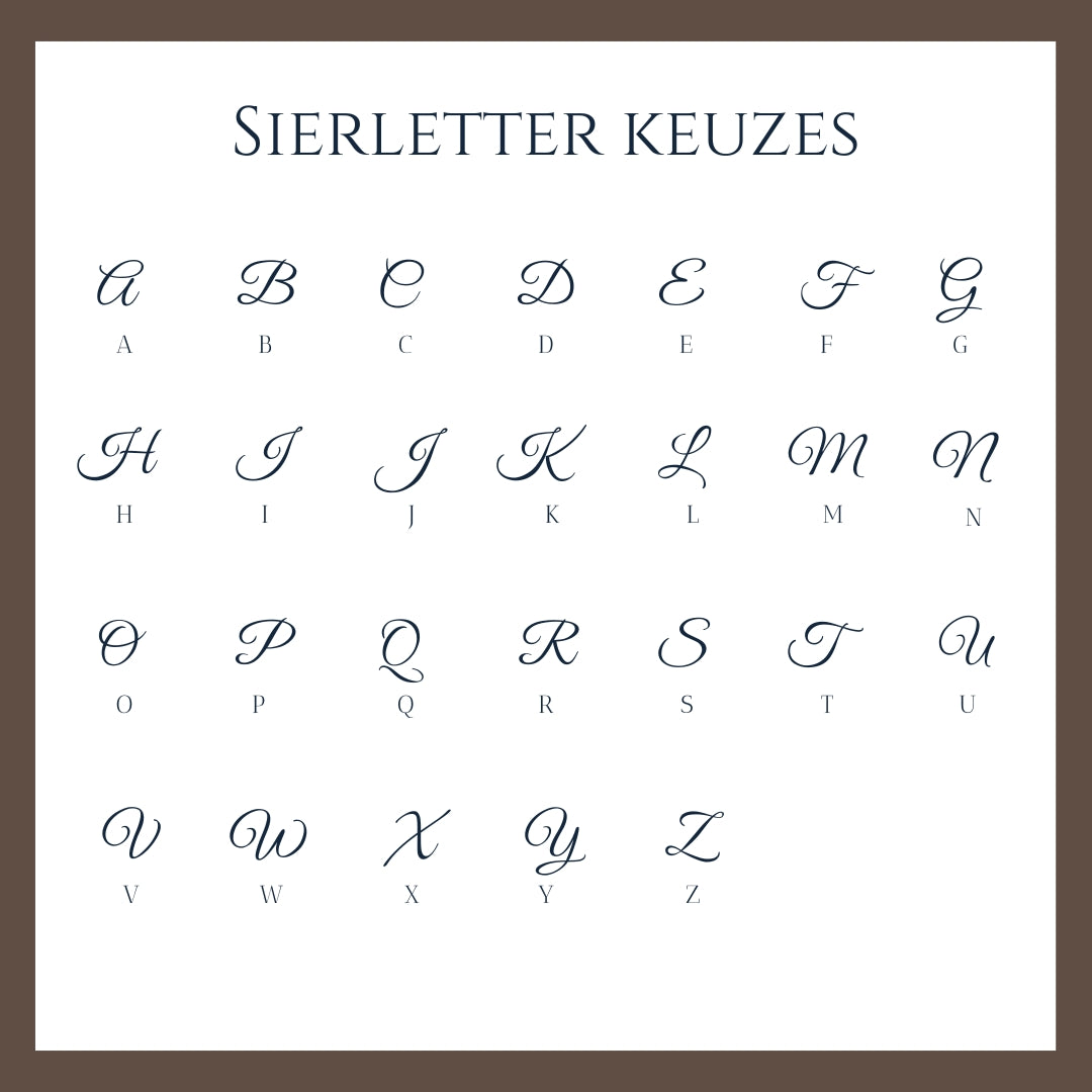 De sierletters voor de gravure keuze. Maak uw keuze aan de hand van deze afbeelding en geef uw keuze aan in de bestel opties.